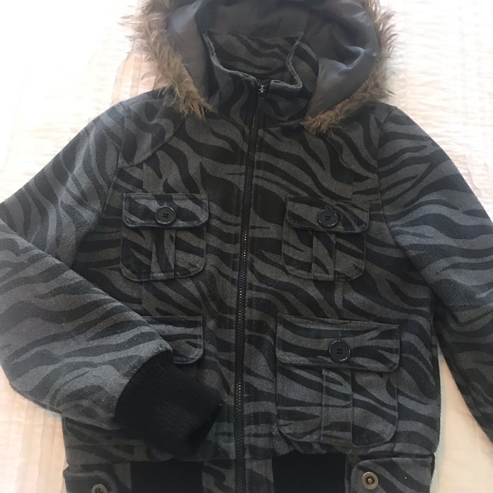 Zebra print jacket with fur lined hood